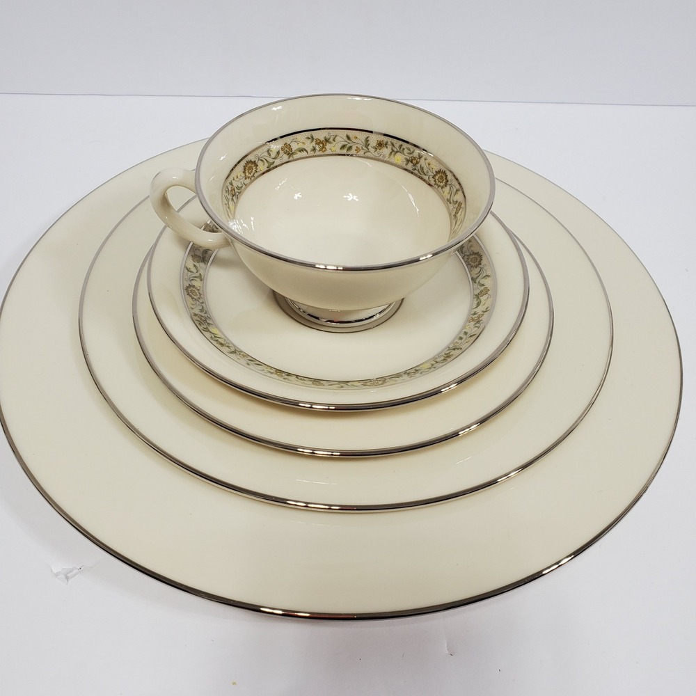 Lenox Springdale Cup Saucer‎ Salad Bread & Dinner Plates 5 Pieces Platinum Trim